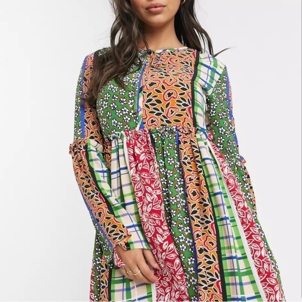 Glamorous Petite Smock Dress Retro Patchwork Sz 4